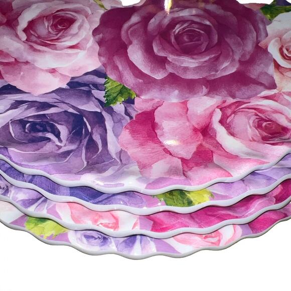 Jolie Fleur Floral Roses Melamine Dinner Plates 11in Set of 4 Spring New - Picture 5 of 16